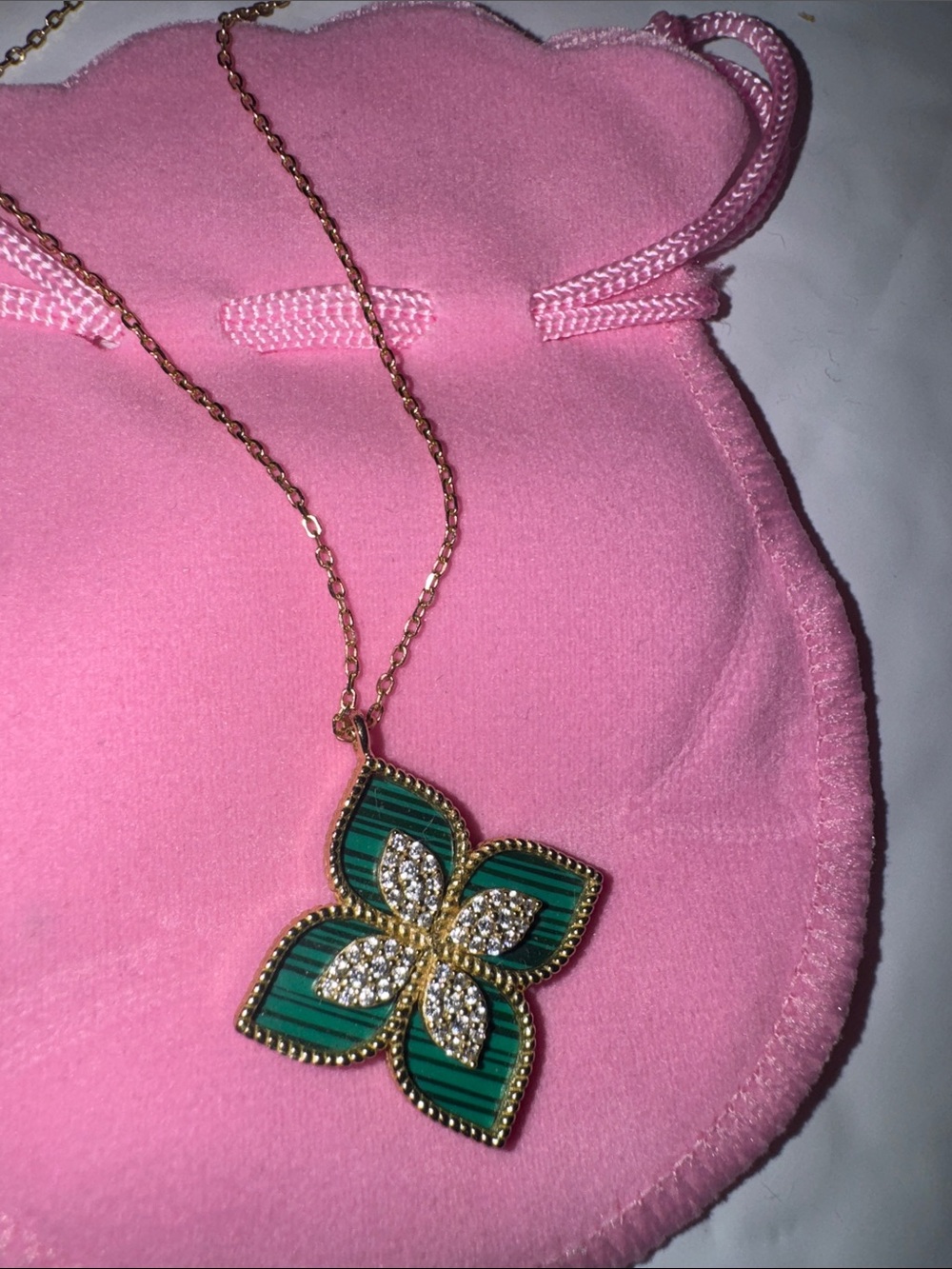 Gold-Tone Green Enamel Floral Pendant Necklace - Women Jewelry